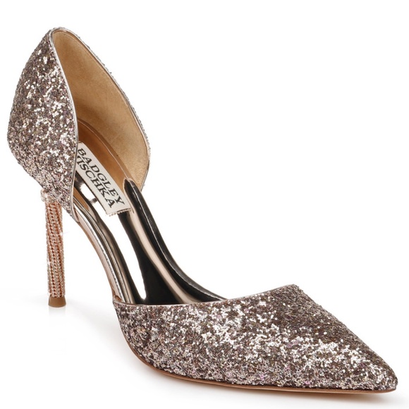 Badgley Mischka Ozara Pointed Toe Stiletto Heel Rose Gold Glitter Evening Pump - Picture 4 of 16